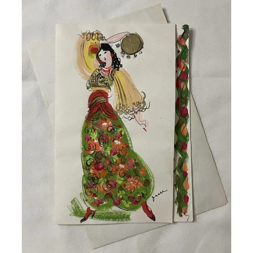 VTG Hand Painted Greeting Card w Envelope Mid Century Woman Floral Dress OOAK
